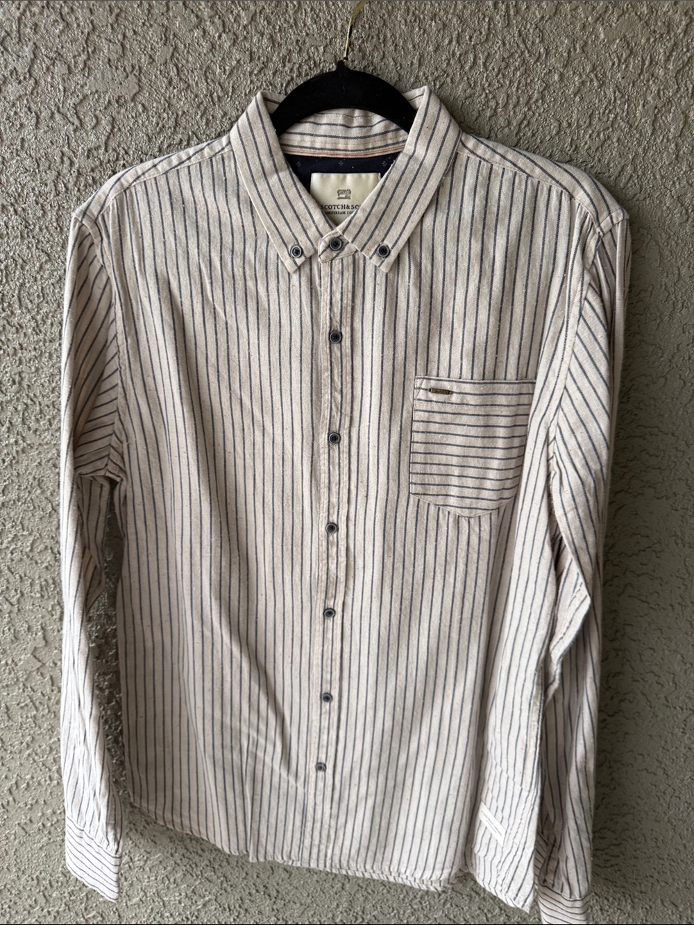 Scotch & Soda Cream Button-Down Shirt with Navy Stripes